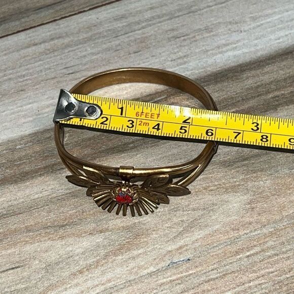 Floral Etched Clasp Bangle Bracelet Red Bead Brass Tone Classic Core Bohemian - Picture 3 of 6